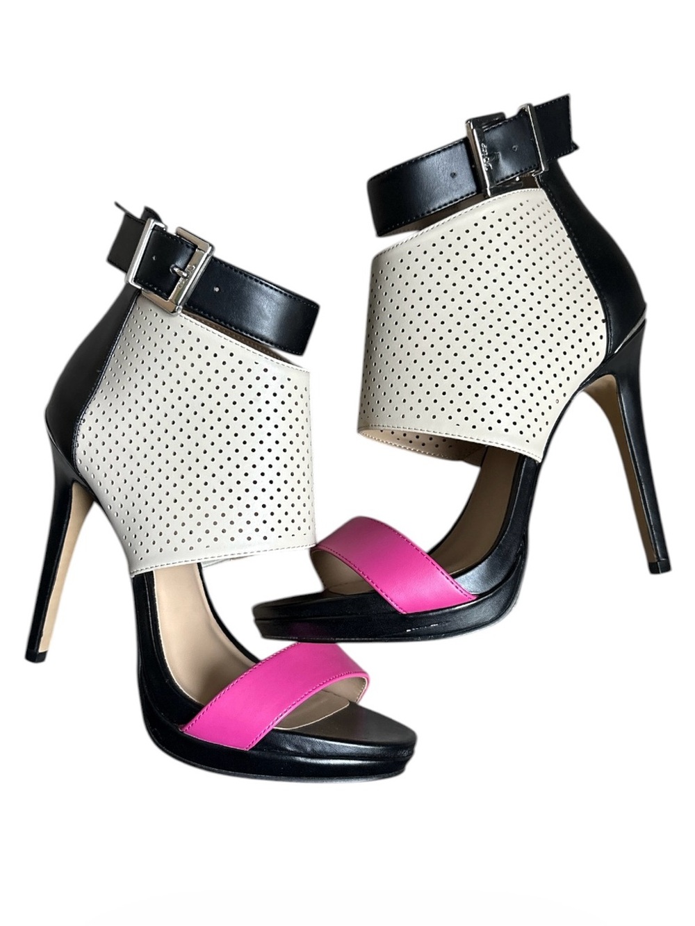 Juicy Couture Black, Cream & Pink Perforated Ankle-Strap High Heels